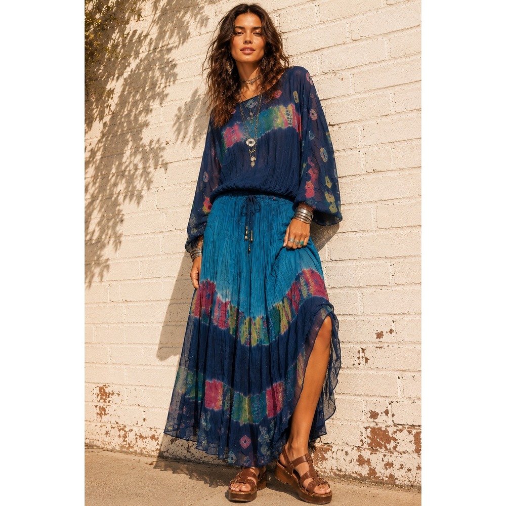 Vintage Take Away Blue Cotton Tie Dye 2 Piece Maxi Skirt and Top Set Boho OS